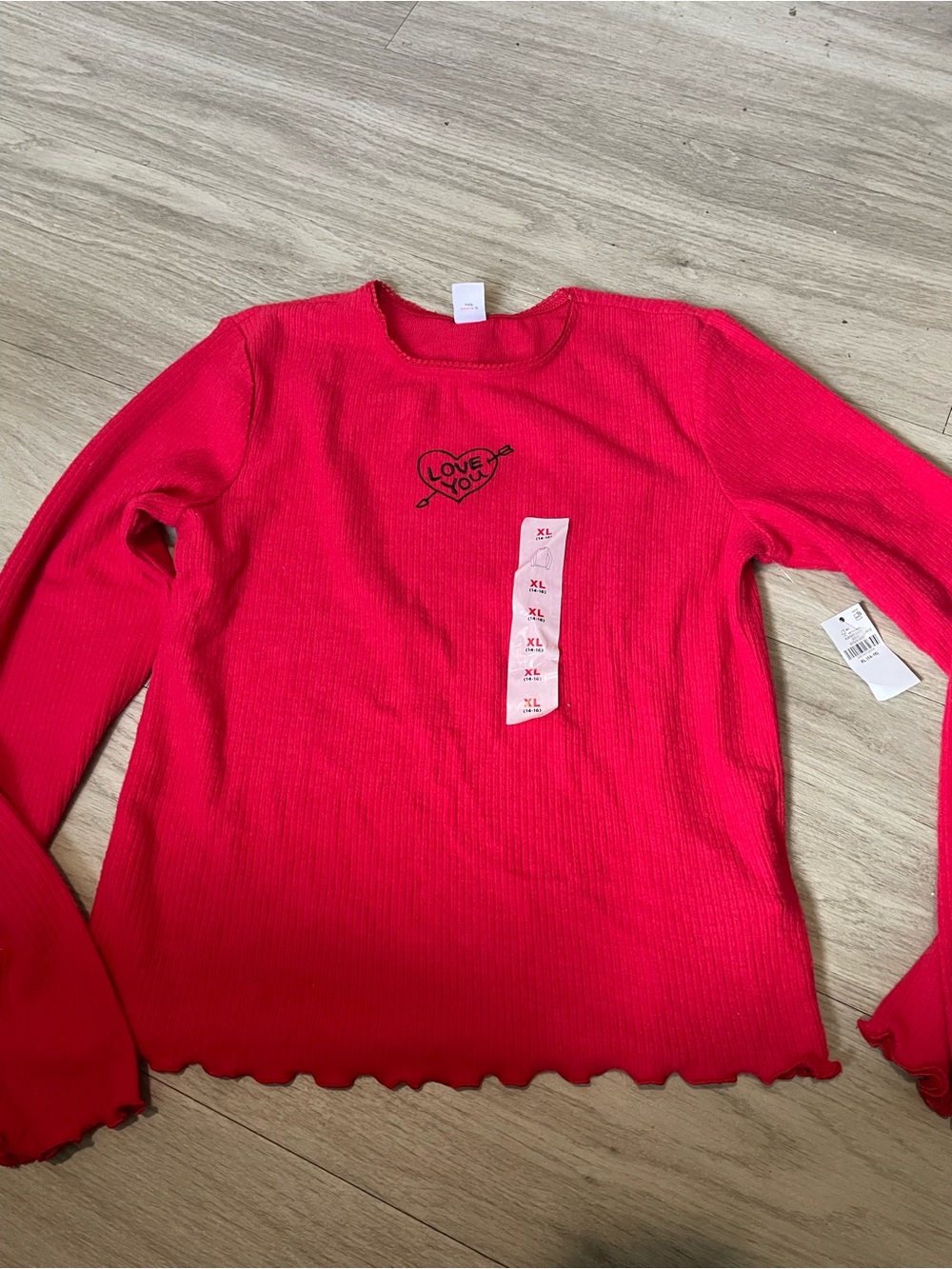 Old Navy Bright Red Ribbed Long-Sleeve Top with Heart 'LOVE YOU' Graphic